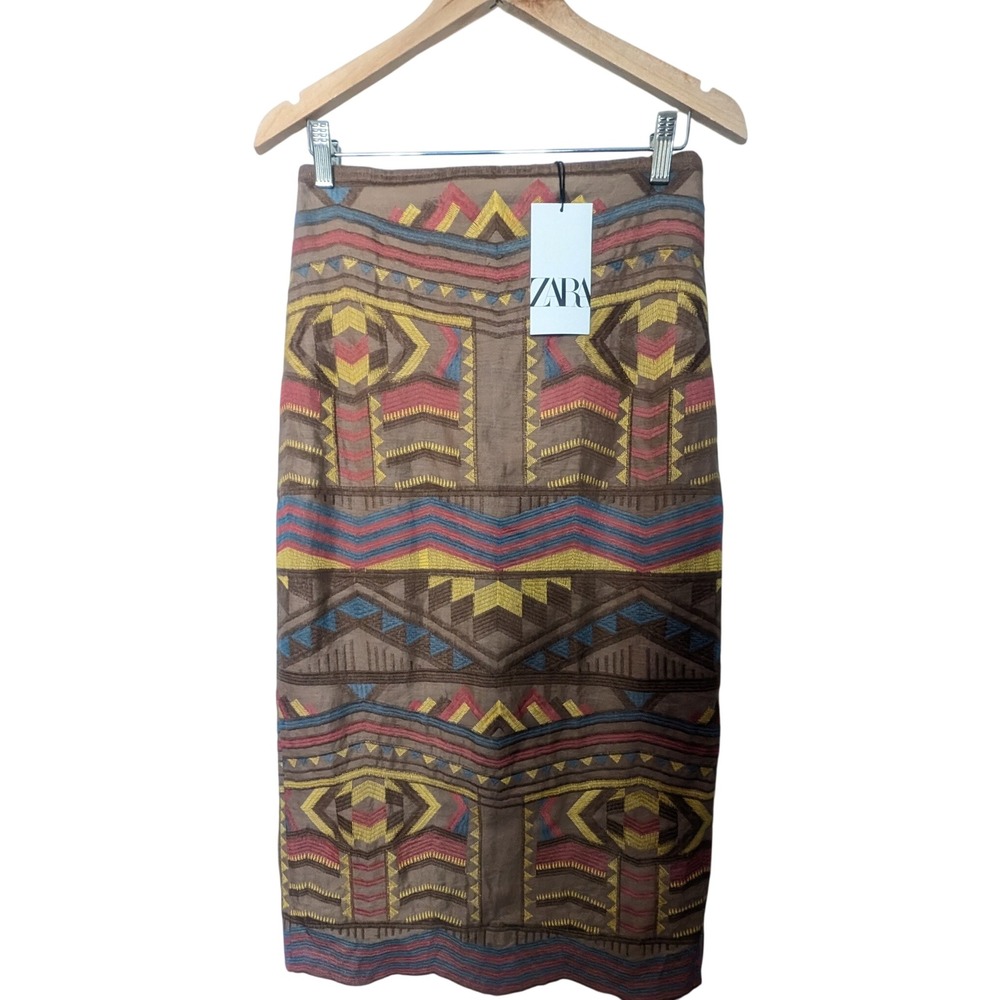 Zara Brown Embroidered Linen Midi Skirt Geometric High Waist Pencil Small NWT